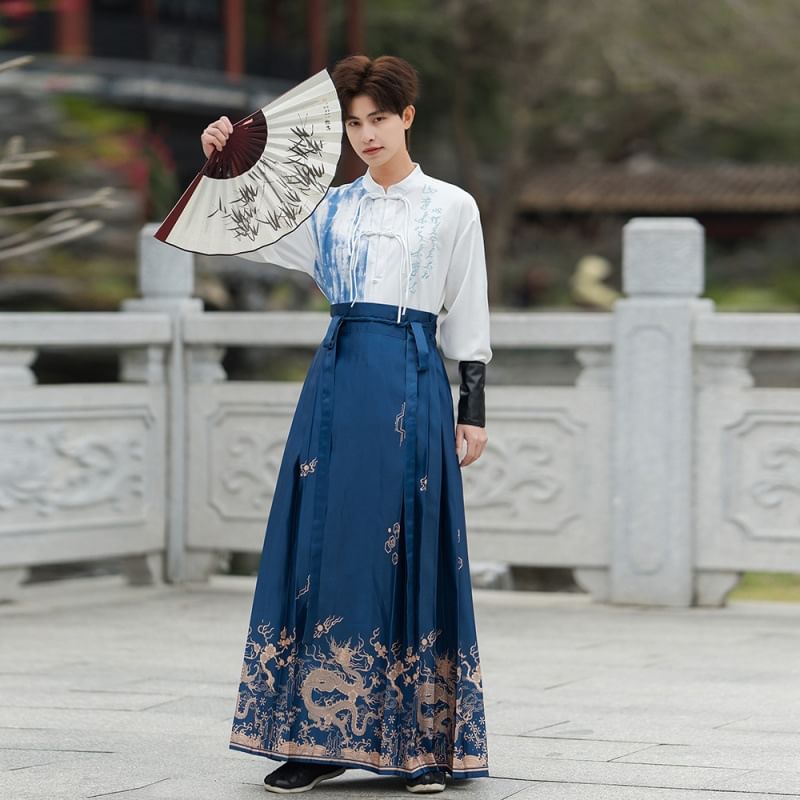 Tangier - Traditionele Chinese top met lange mouwen, opstaande kraag, tie-dye paneel, geborduurde kikker en knopen / Maxi Ma Mian-rok met hoge taille en drakenprint / polsbandje