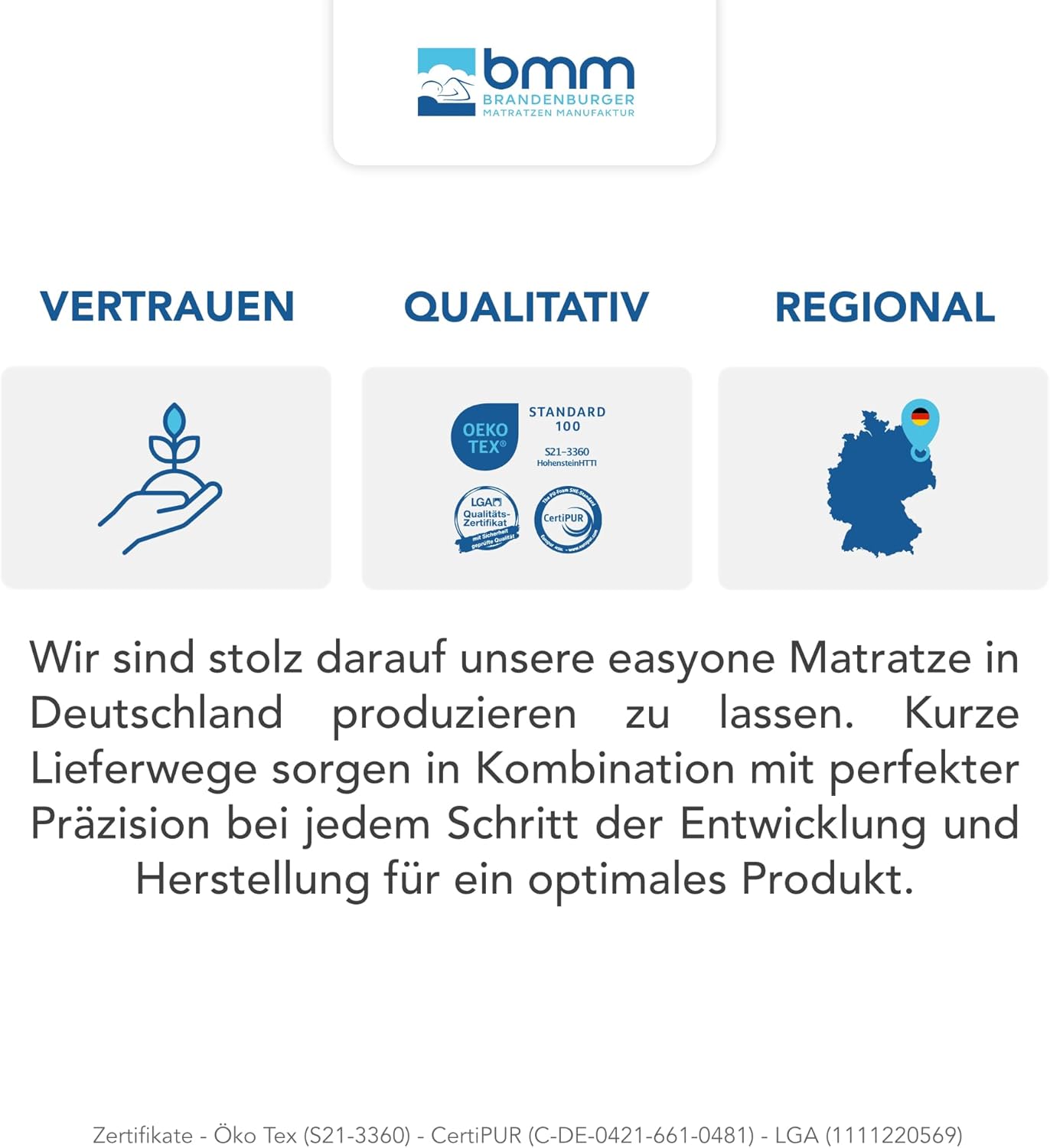 BMM Matratze 90x200 cm easyone H3 mittelfest/Boxspring 5-Schicht-Hybrid-System/Taschenfederkern trifft Schaumstoff/ergonomische 7 Zonen Matratze Höhe 22 cm/Matratzen Made in Germany