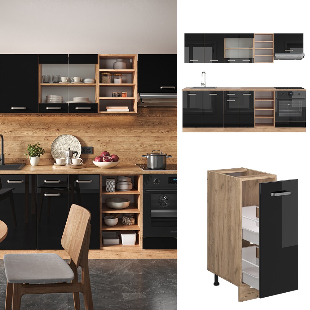 Vicco Küchenzeile R-Line Solid Eiche Schwarz 240 cm modern Küchenschränke Küchenmöbel