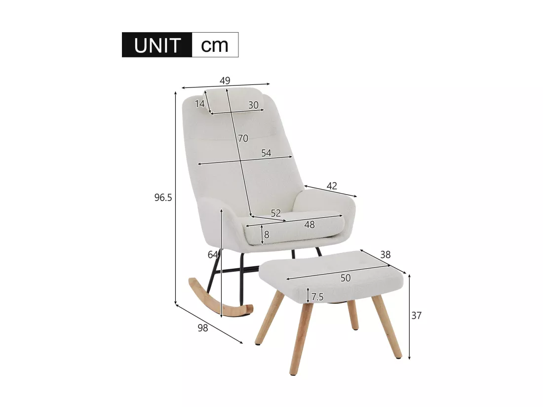 Fauteuil à bascule、Rocking chair en tissu teddy - avec appui-tête et repose-pieds - Blanc