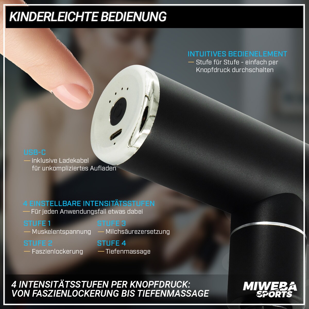 Miweba Sports Mini-Massagepistole MM10, Massage-Gun 2500 mAh, Faszien-Muskelmassage mit 4 Aufsätzen (Schwarz)