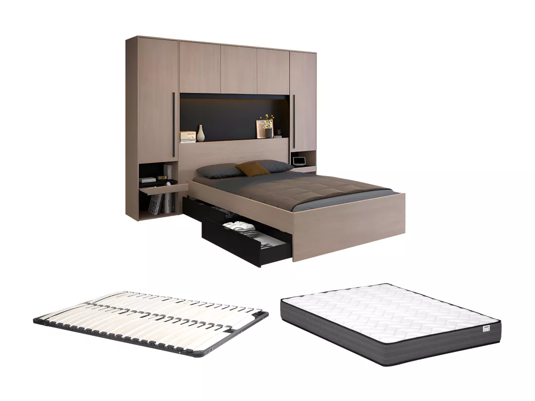 Lit pont 160 x 200 cm avec rangements - Avec LEDs - Coloris : Naturel et noir + Sommier + Matelas - VELONA