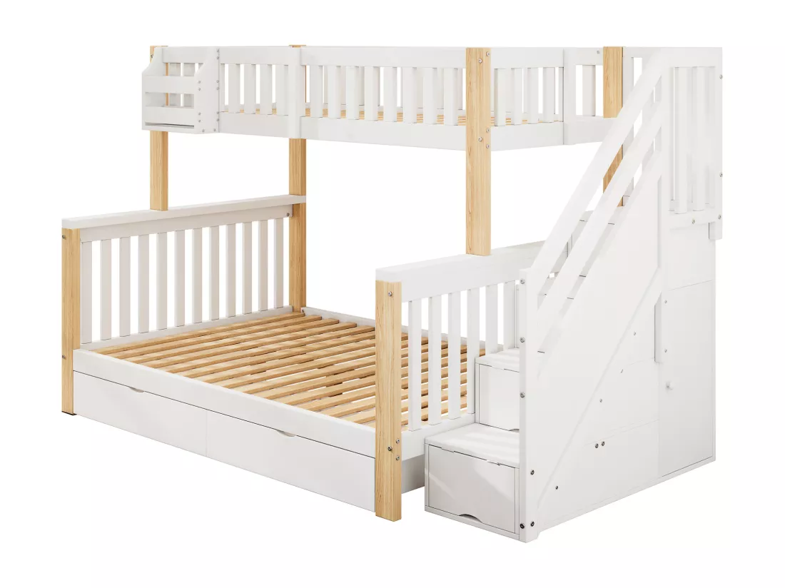 Lit superposé pour enfants 90x200+140x200cm - Lit double - avec 2 tiroirs - avec armoire d'escalier - Blanc + naturel (matelas non inclus)