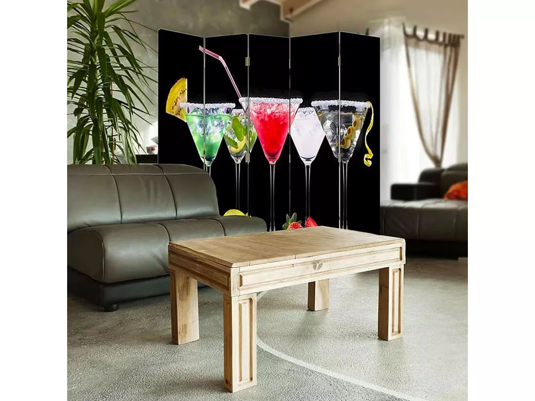 Paravent Diviseur de Chambre à Motifs Boissons Fruitées - 180 x 150 cm - 2 faces R° V° + rotation 360°