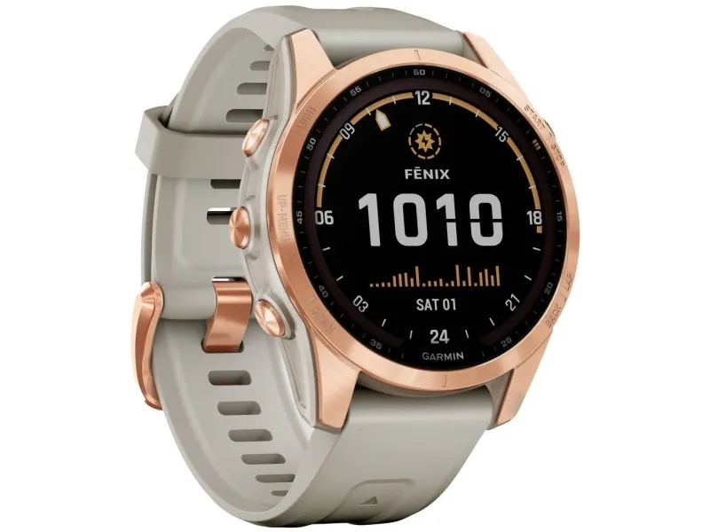 [OUTLET] - Garmin fenix 7S Solar - 42 mm - roseguld - sportsur med bånd - silikone - lyst sand - håndledsstørrelse: 108-182 mm - display 1.2