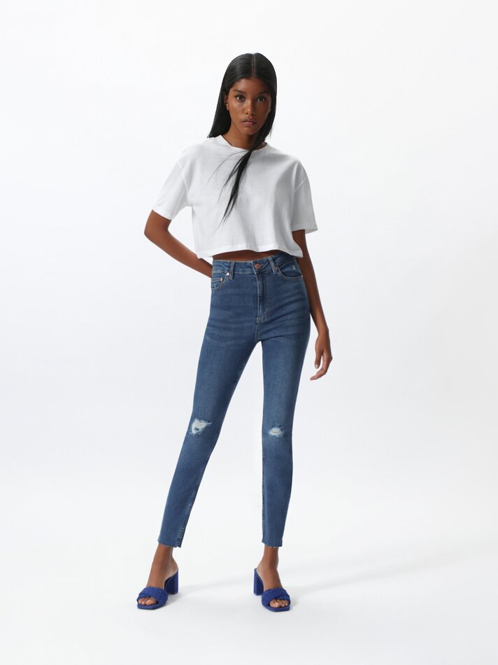 Calça jeans skinny de cintura alta - Turquesa Escuro