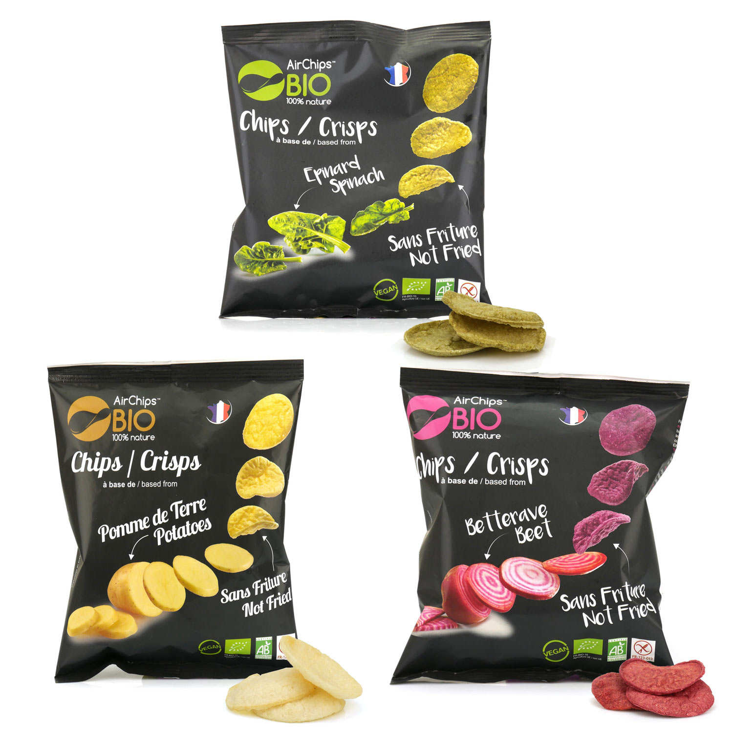 Assortiment de chips bio et végan sans friture Airchips