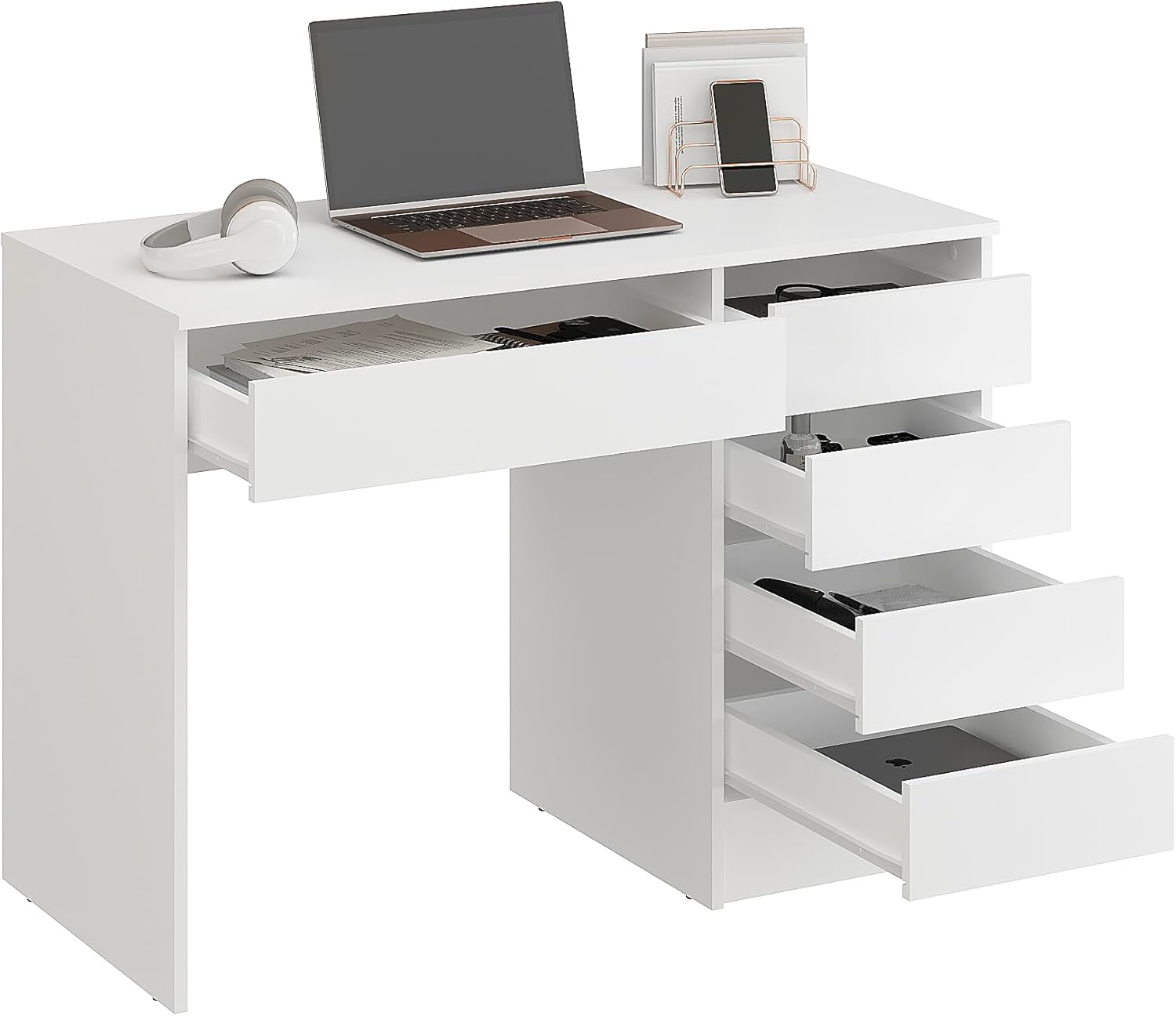KOMTO Schreibtisch mit 5 Schubladen Weiß – Computertisch, Bürotisch, Kinderschreibtisch mit Stauraum, PC Tisch für Jugendzimmer | Arbeitstisch PLIO 110 x 53 x 78,5 cm