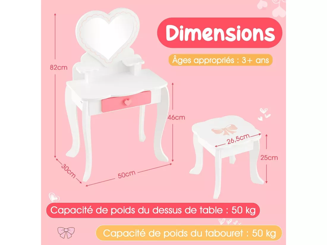 2 en 1 Coiffeuse Enfants avec Tabouret & Miroir Amovible en Forme Cœur, Table de Maquillage Princesse avec 10 Jouets d'Habillage, Tiroir Pratique, Charge 50kg pour Enfants de 3 Ans+