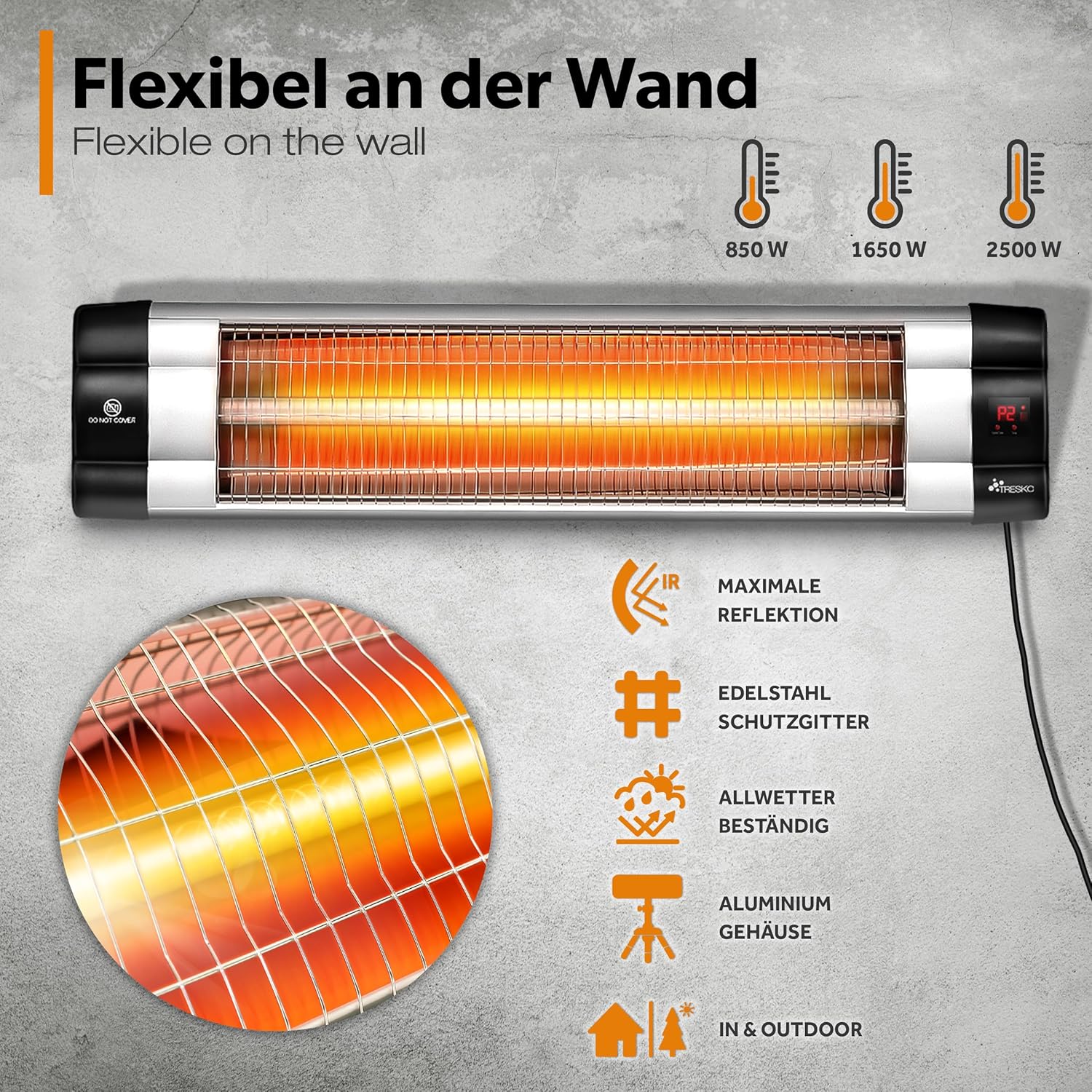 TRESKO Infrarot Heizstrahler 2500W mit Fernbedienung | Wärmestrahler elektrisch mit 3 Heizstufen | Terrassenstrahler Innen & Außen | Infrarotstrahler höhenverstellbar