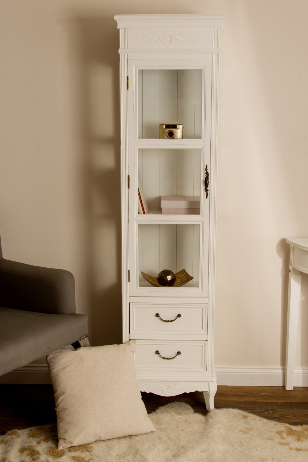 Vitrine ELEGANCE - weiß antik - 2 Schubladen - 170 cm hoch