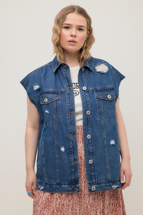 Jeansweste, oversized, Destroy-Effekte, Hemdkragen