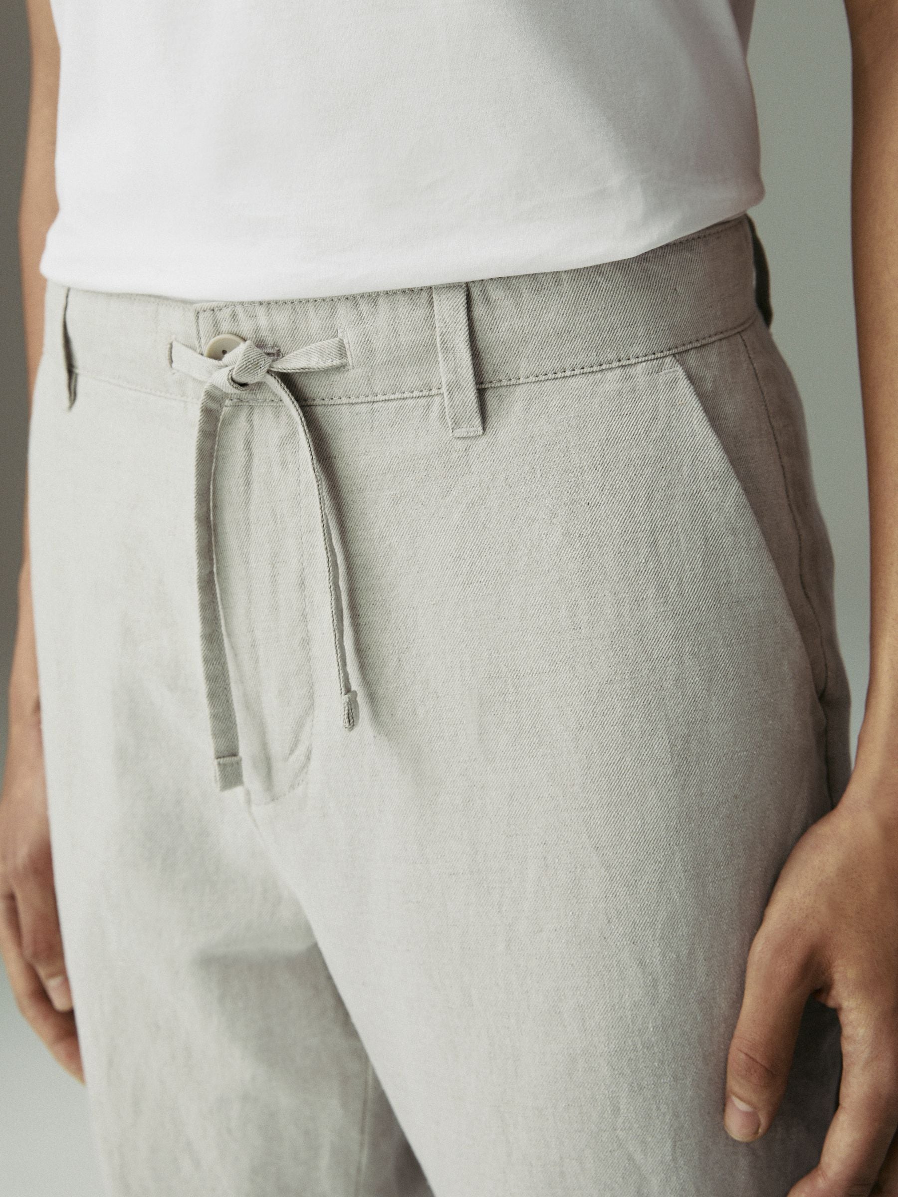 Lichtgrijs - Katoenen linnen keperstof chino broek
