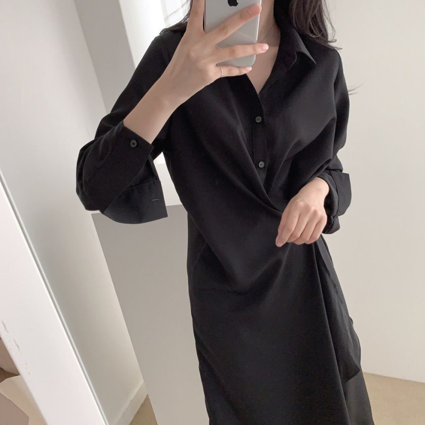 Onipixiy - Asymmetrische, effen midi-jurk met lange mouwen en wikkelmotief