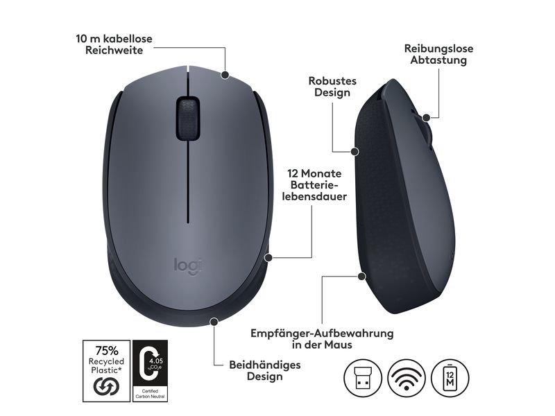 Logitech Maus M170 , kabellos Kleine 3-Tasten-Wireless-Maus für Links- & Rechtshänder mit bis zu 12 Monaten Batterielaufzeit
