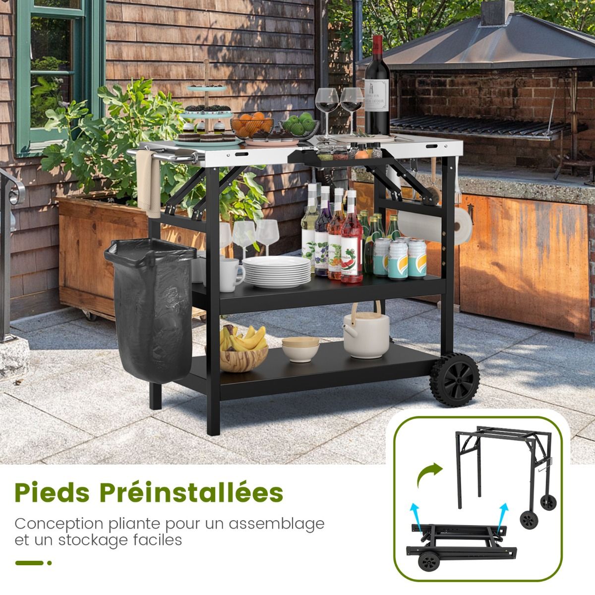 Desserte Extérieure à Roulettes à 3 Étagères Chariot Service de Cuisine Étagère Réglable Épices Porte-Serviettes Porte-Mouchoirs Noir - Lidl-Manfred