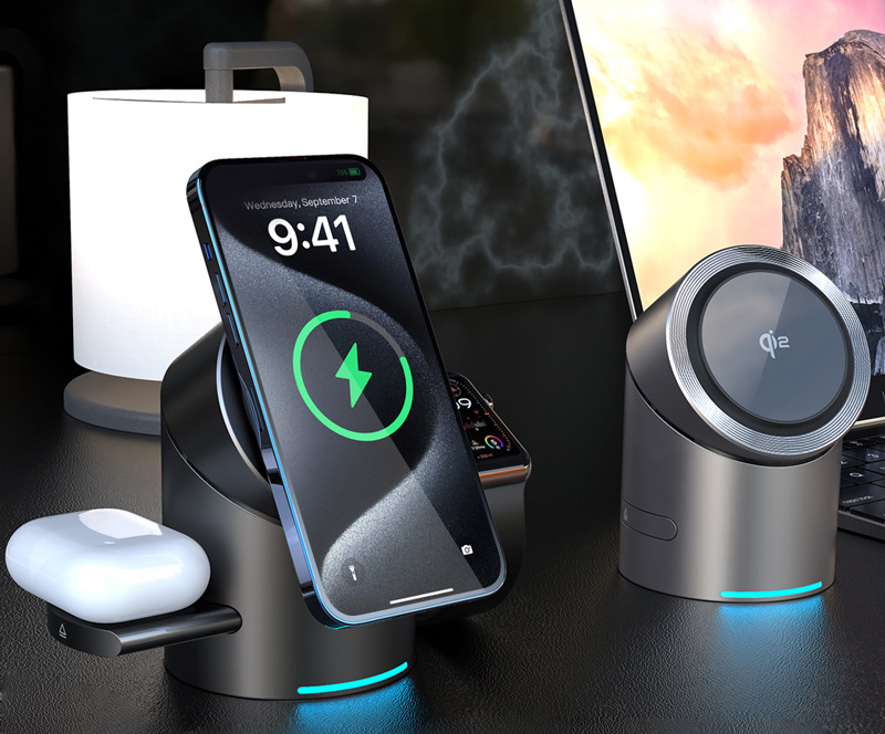 (20W) 3in1 MagSafe Qi2 Wireless Charger Fast Charging Ladegerät Ladestation mit Drehfunktion - Schwarz
