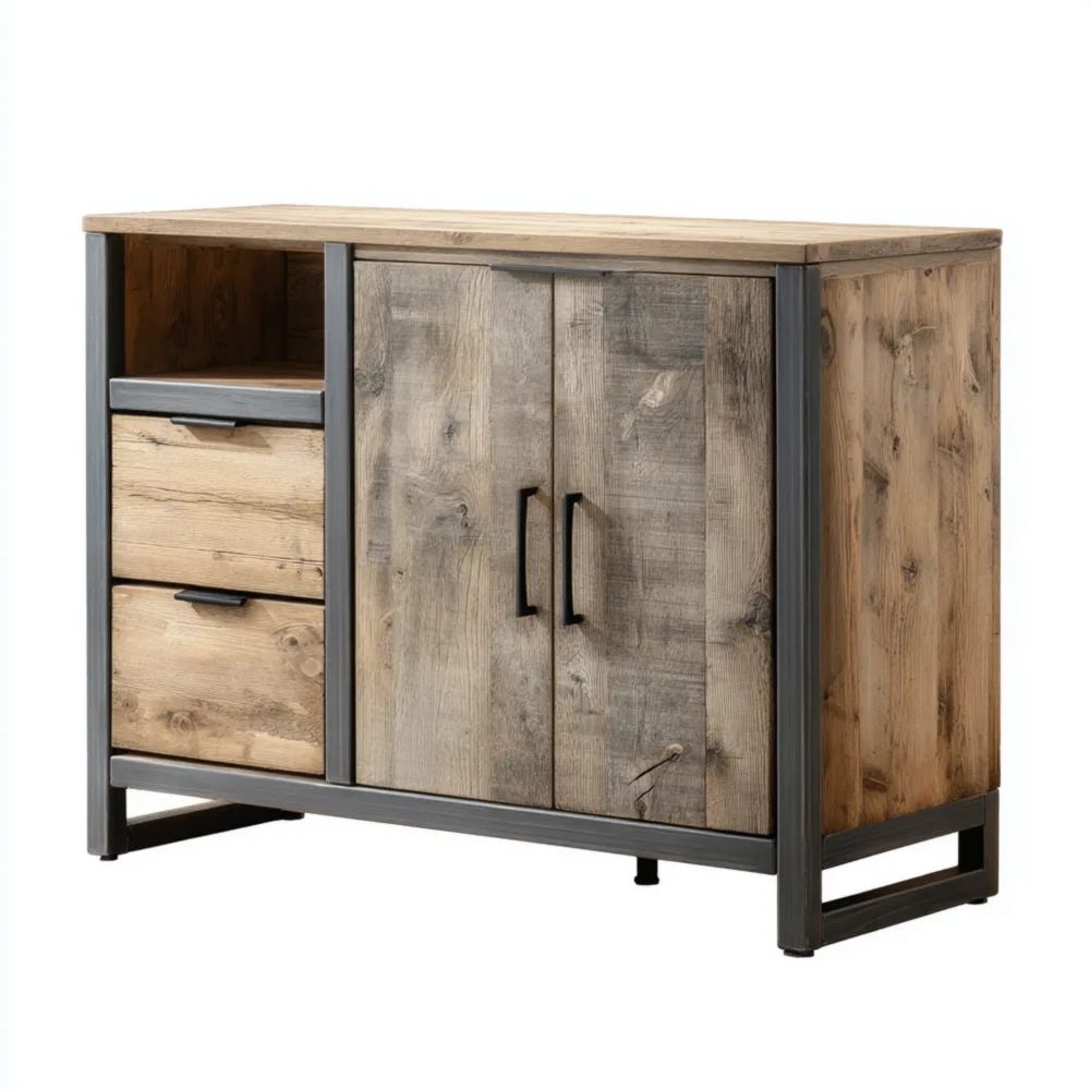 Sideboard Holz-Metall Kombination 120x40x80 cm – Natur/Grau – Moderner Industriestil