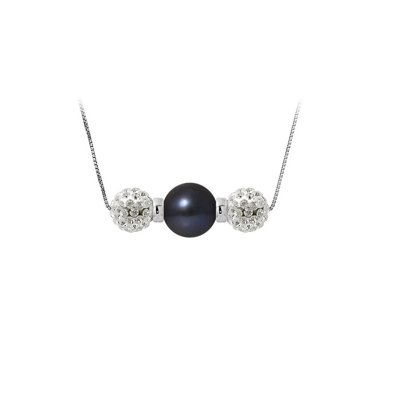Collier Perle de culture Noire, cristal et Argent 925