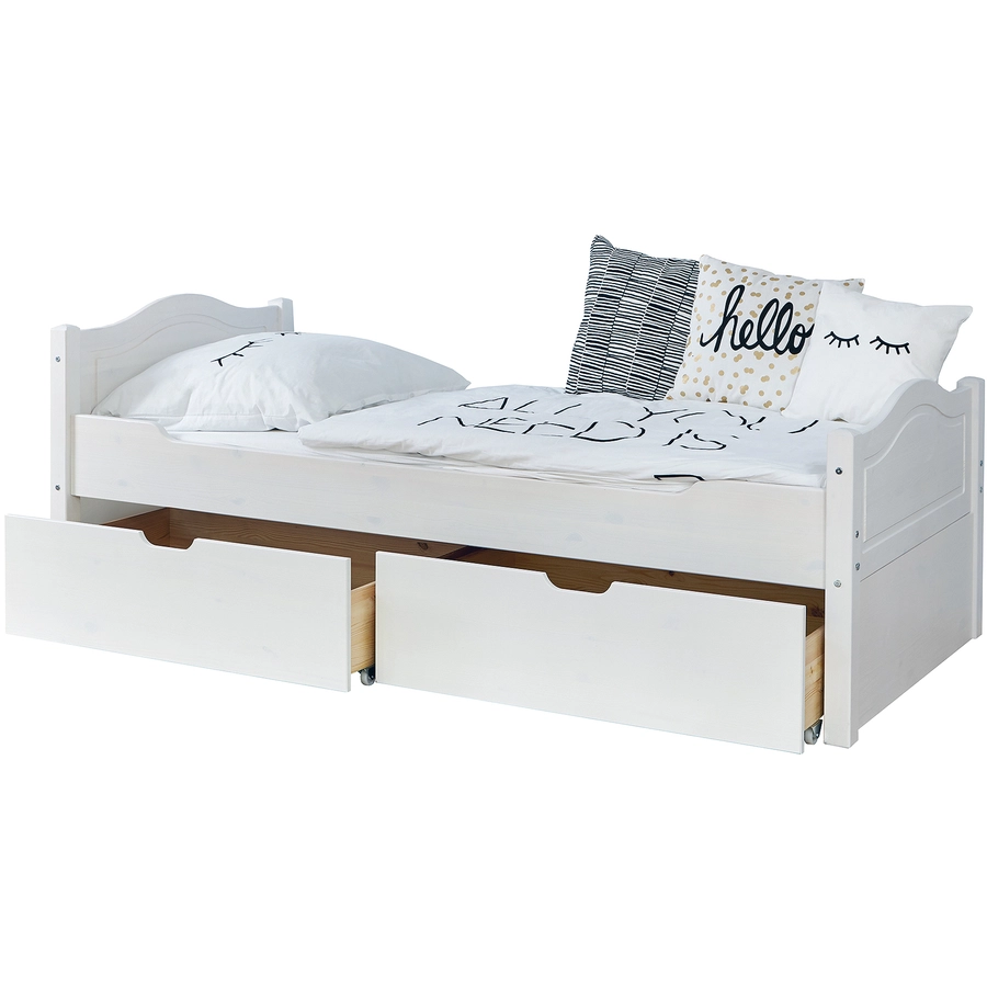 TiCAA Einzelbett Leni 90 x 200 cm Kiefer weiß mit 2 Schubladen