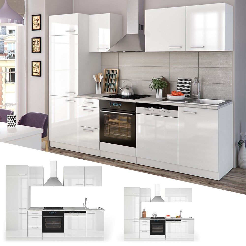 Vicco Küche 270 cm Küchenzeile Küchenblock Einbauküche Weiß Hochglanz