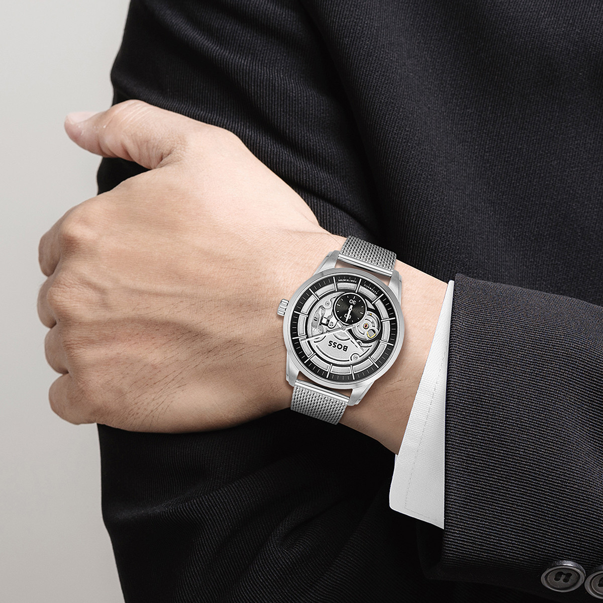 Montre BOSS sport lux homme automatique, bracelet acier argent