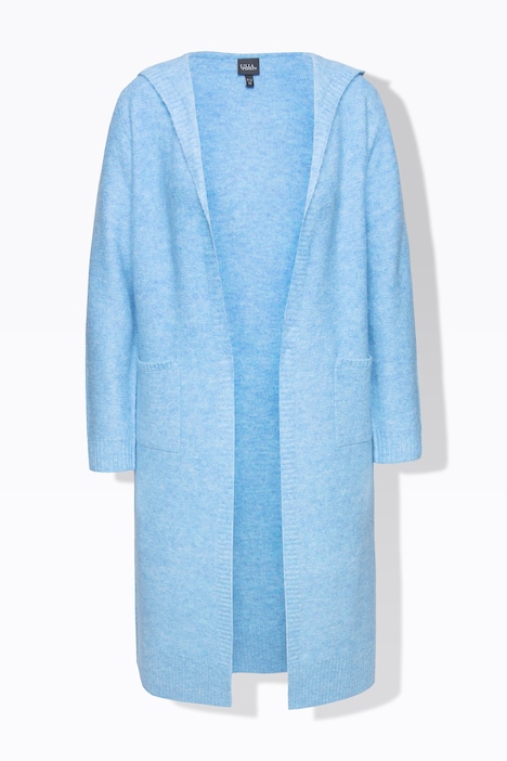 Long-Strickjacke, Kapuze, offene Jacke, Linksstrick
