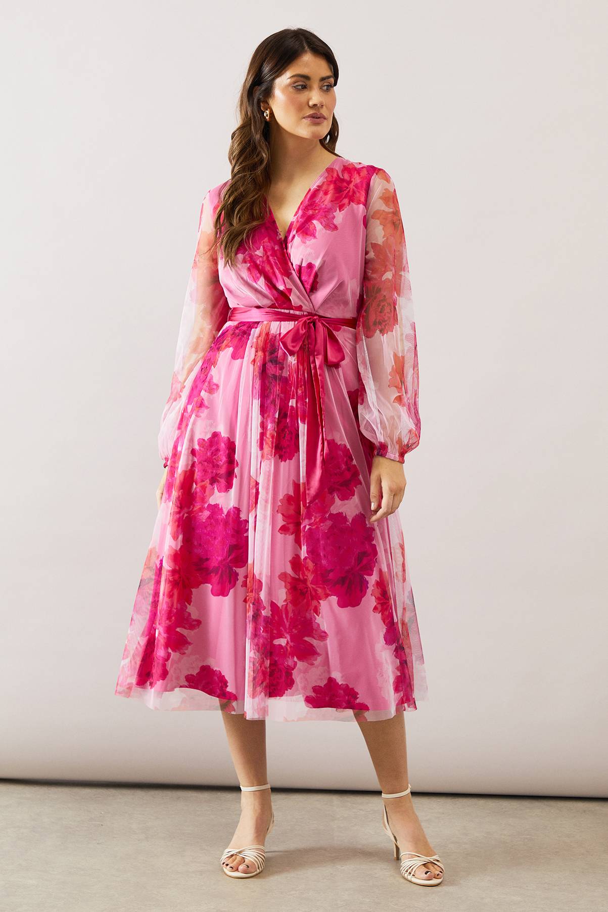 Wallis Robe Midi en Mesh Floral avec Lien en Satin