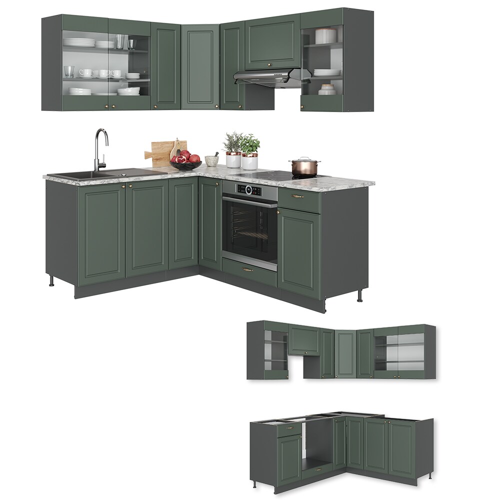 Vicco Eckküche Küchenzeile Einbauküche Fame-Line Landhaus Anthrazit Grün Gold 190 cm Schubunterschrank Spülenunterschrank Eckunterschrank Herdumbauschrank Hängeglasschrank Hängeschrank