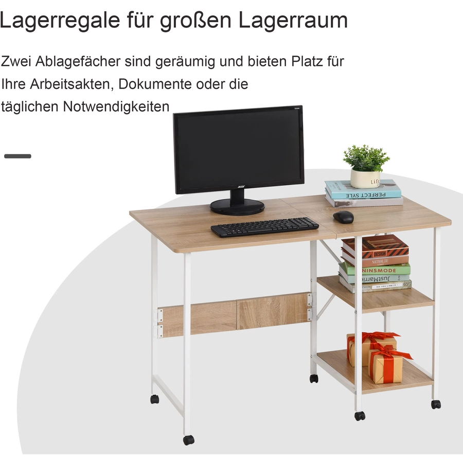 HOMCOM Schreibtisch einklappbar und auf Rollen natur, weiß