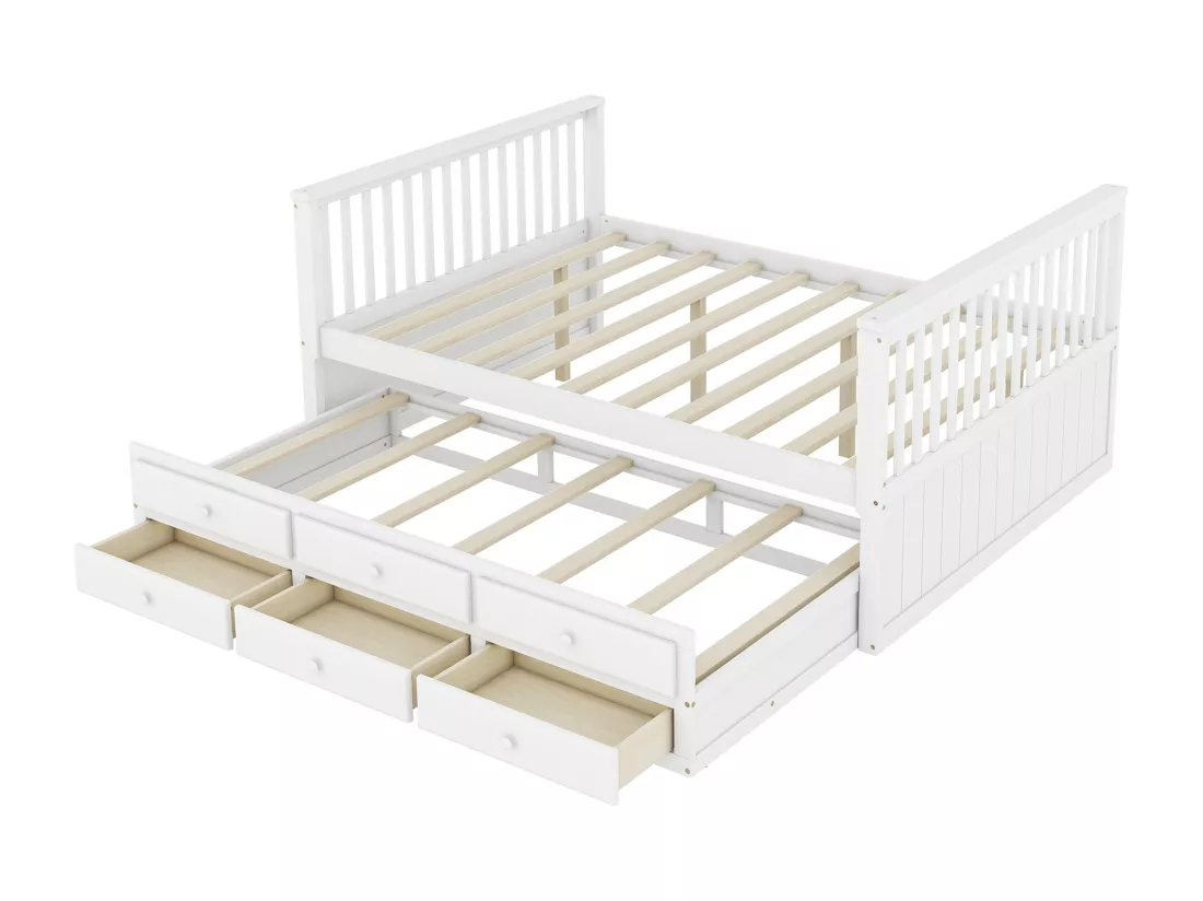 Lit en bois 140x200cm avec un lit gigogne 90x190cm - 3 tiroirs - Blanc