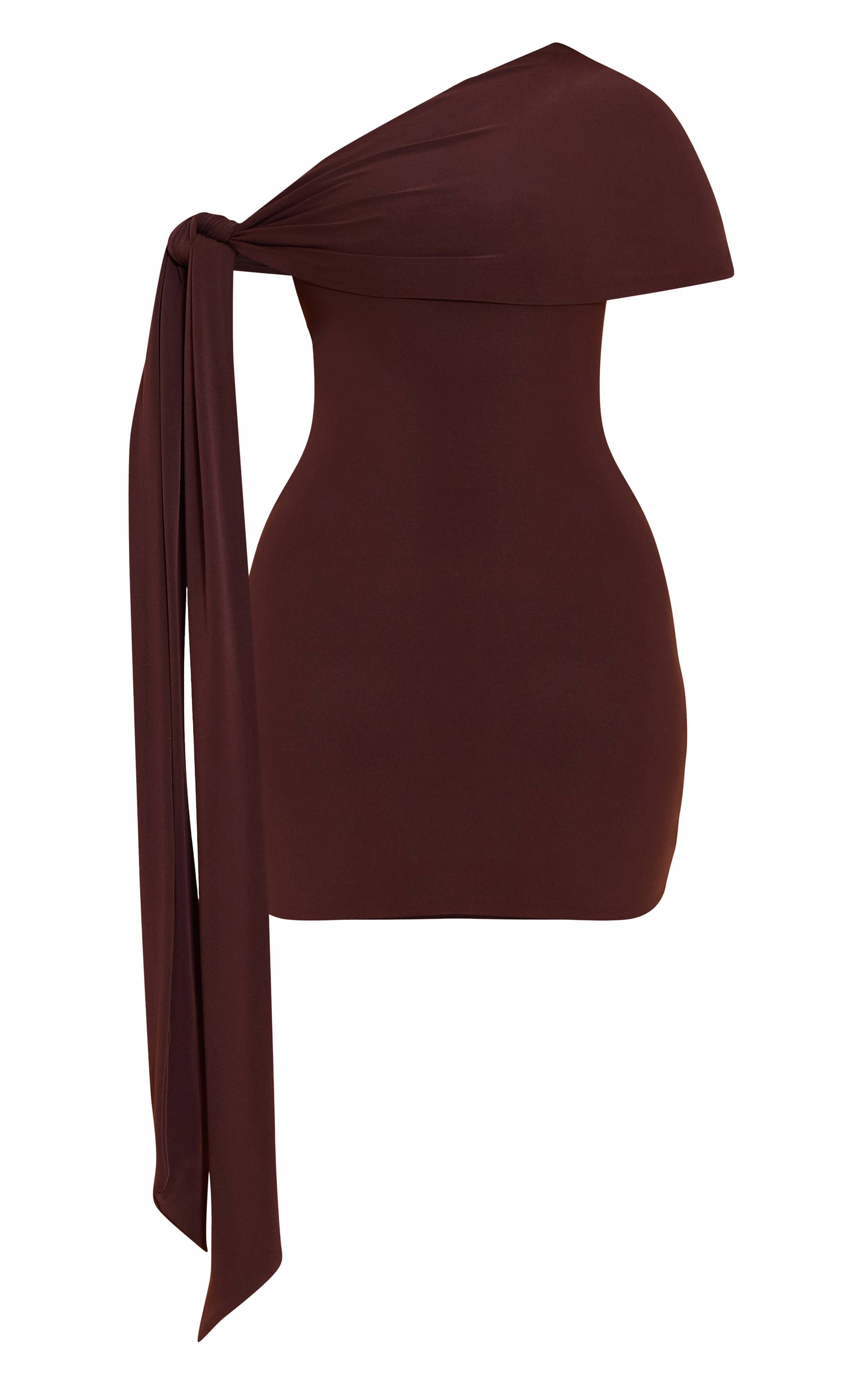 Chocolat Robe Mini Shape À Toucher Doux Avec Encolure Asymétrique Et Liens Sur Les Côtés