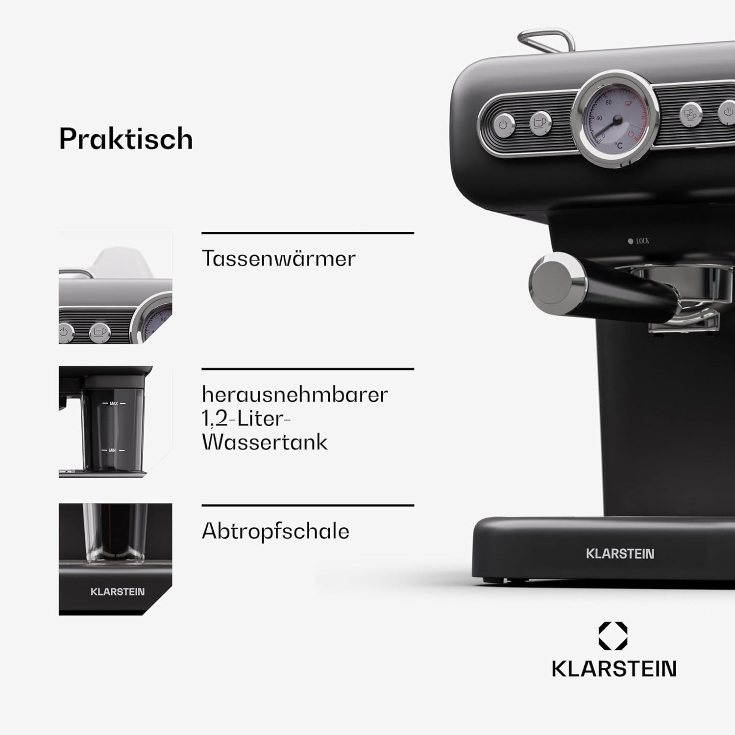 Klarstein Espresso Siebträgermaschine mit Milchaufschäumer, 1,2L Retro Mini-Espressomaschine mit Siebträger, 950 W Klein, Edelstahl-Kaffeemaschine für Cappuccino, Latte & Macchiato