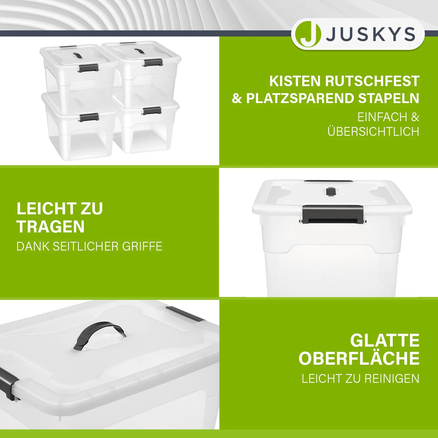 Juskys Aufbewahrungsbox mit Deckel - 4er Set Kunststoff Boxen 30l - Box stapelbar, transparent
