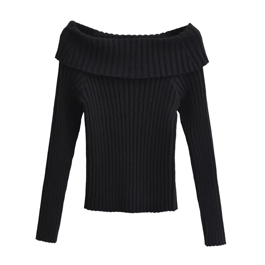 Asiris - Lange mouwen off-shoulder effen geribbelde trui
