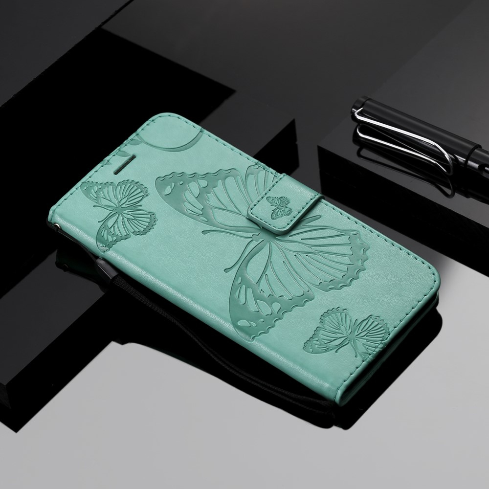 iPhone 13 Leder Tasche mit Kartenfach   Handschlaufe Schmetterling - Türkis