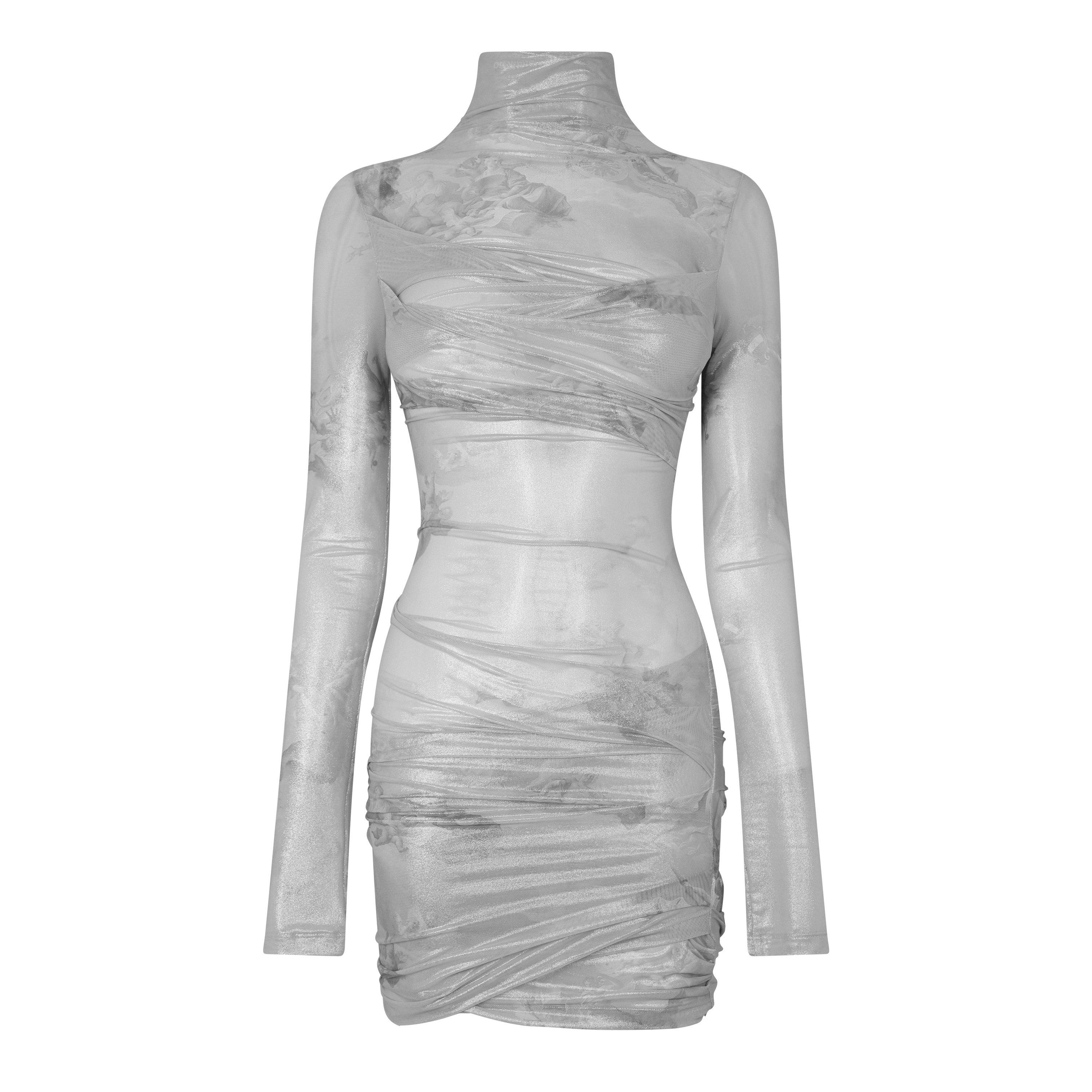 Off White Sky Shiny Tulle Twist Long Sleeve Dress