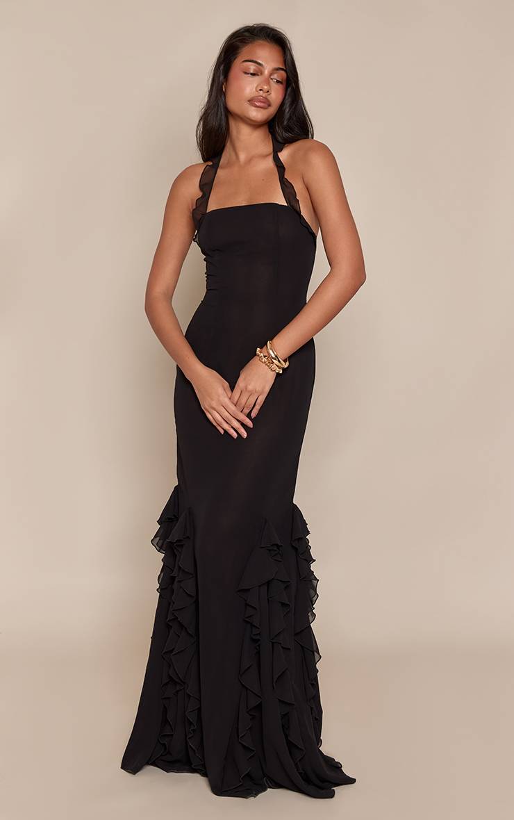 Noir Robe Longue Dos Nu À Volants En Mousseline Avec Col Licou