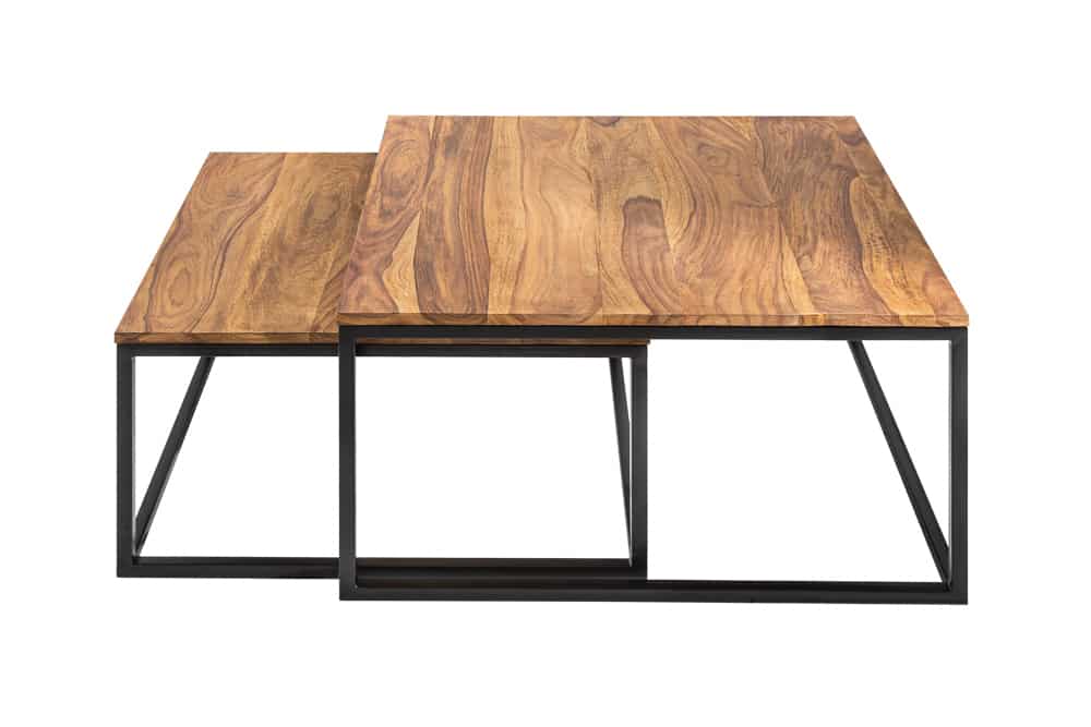 2er Set Couchtisch ELEMENTS 65cm braun Sheesham Massivholz stone finish Eisen schwarz