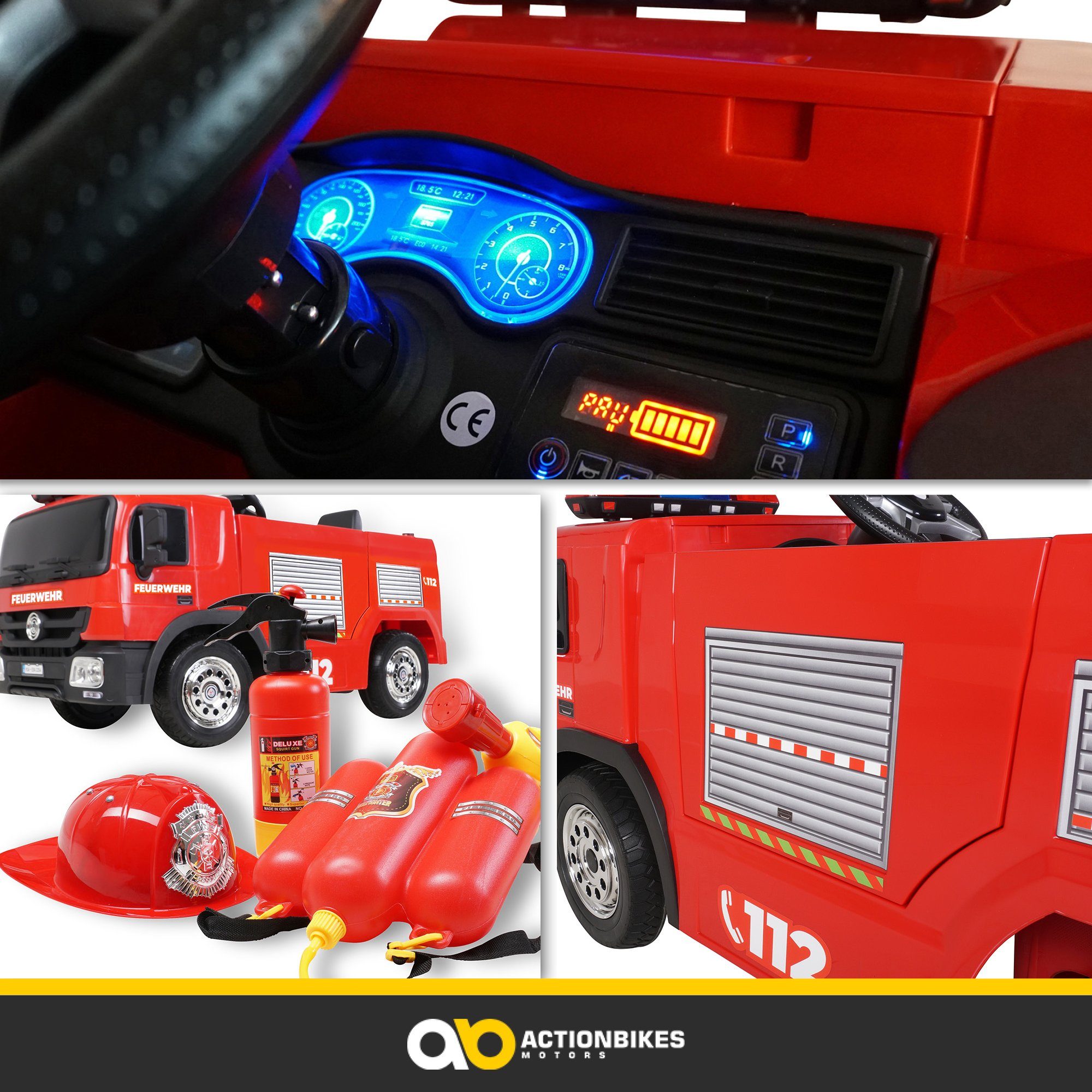 Actionbikes Motors Caminhão de Bombeiros Elétrico Infantil SX1818 - Controle Remoto - Lançador de Água, Capacidade de Peso de 40 kg (Conjunto de 4 peças), Brinquedo Infantil para Crianças a partir de 3 Anos, Elétrico - Sirene e Bluetooth
