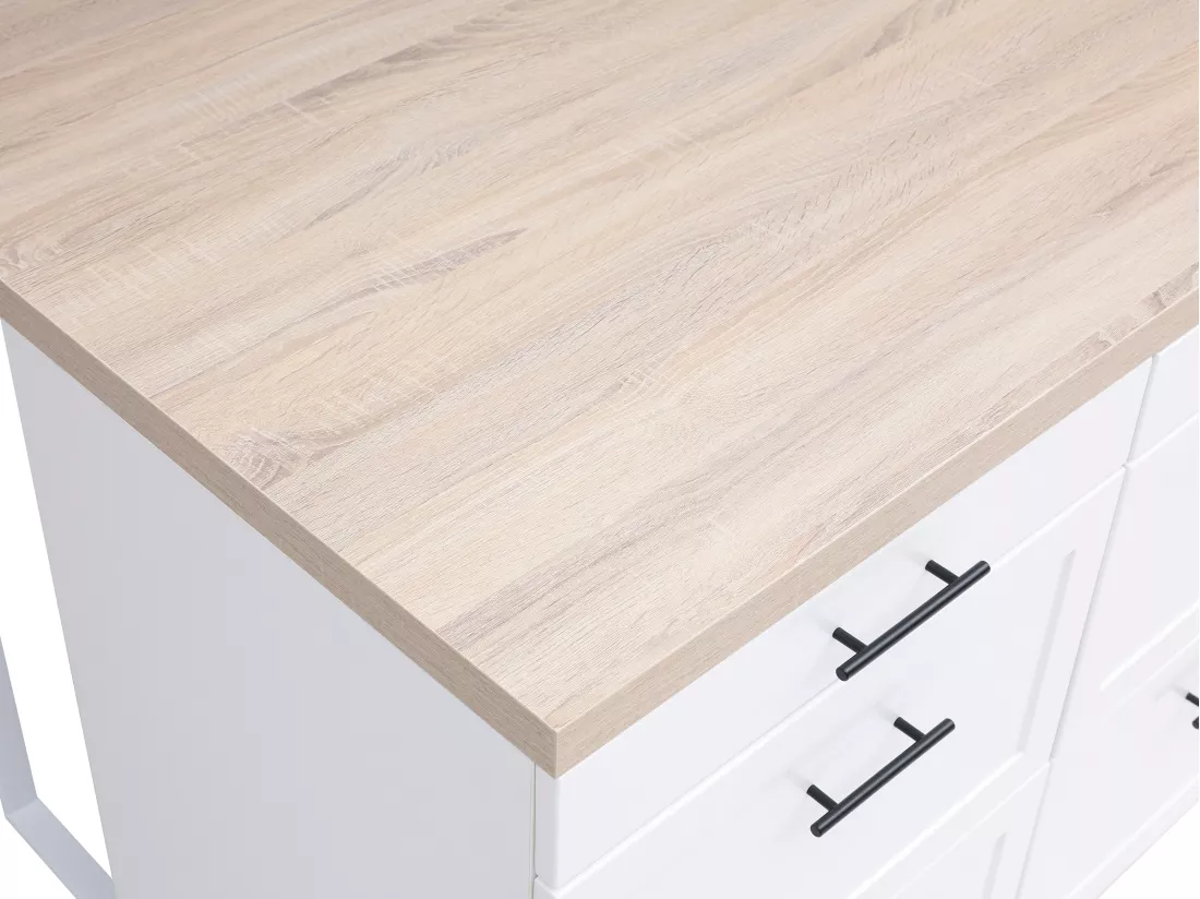 Ilot central de cuisine avec 6 tiroirs en MDF et métal - Blanc et naturel - LAKSINA