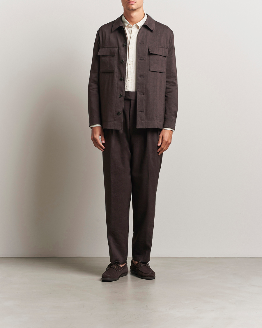 BOSS CAMEL Port Linen Double Pleated Trousers Dark Brown