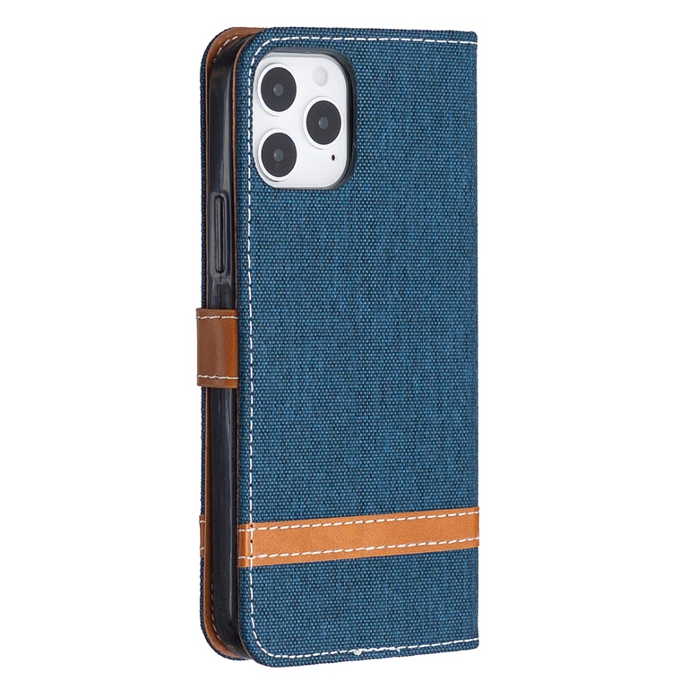 iPhone 12 / iPhone 12 Pro Stoff Tasche im Jeans Look mit Kartenfach   Magnetverschluss - Dunkelblau / Braun
