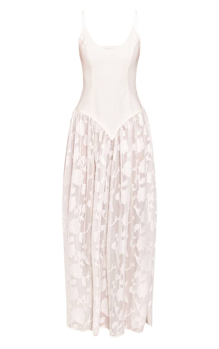 Crème Robe Maxi À Bretelles Avec Jupe Dévorée Florale