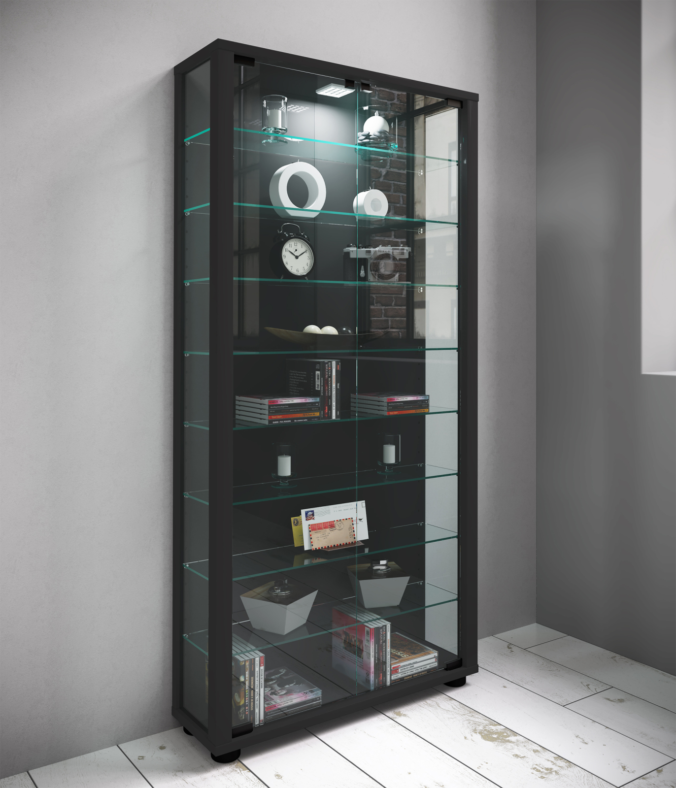 Standvitrine - schwarz - 118 cm - mit Beleuchtung