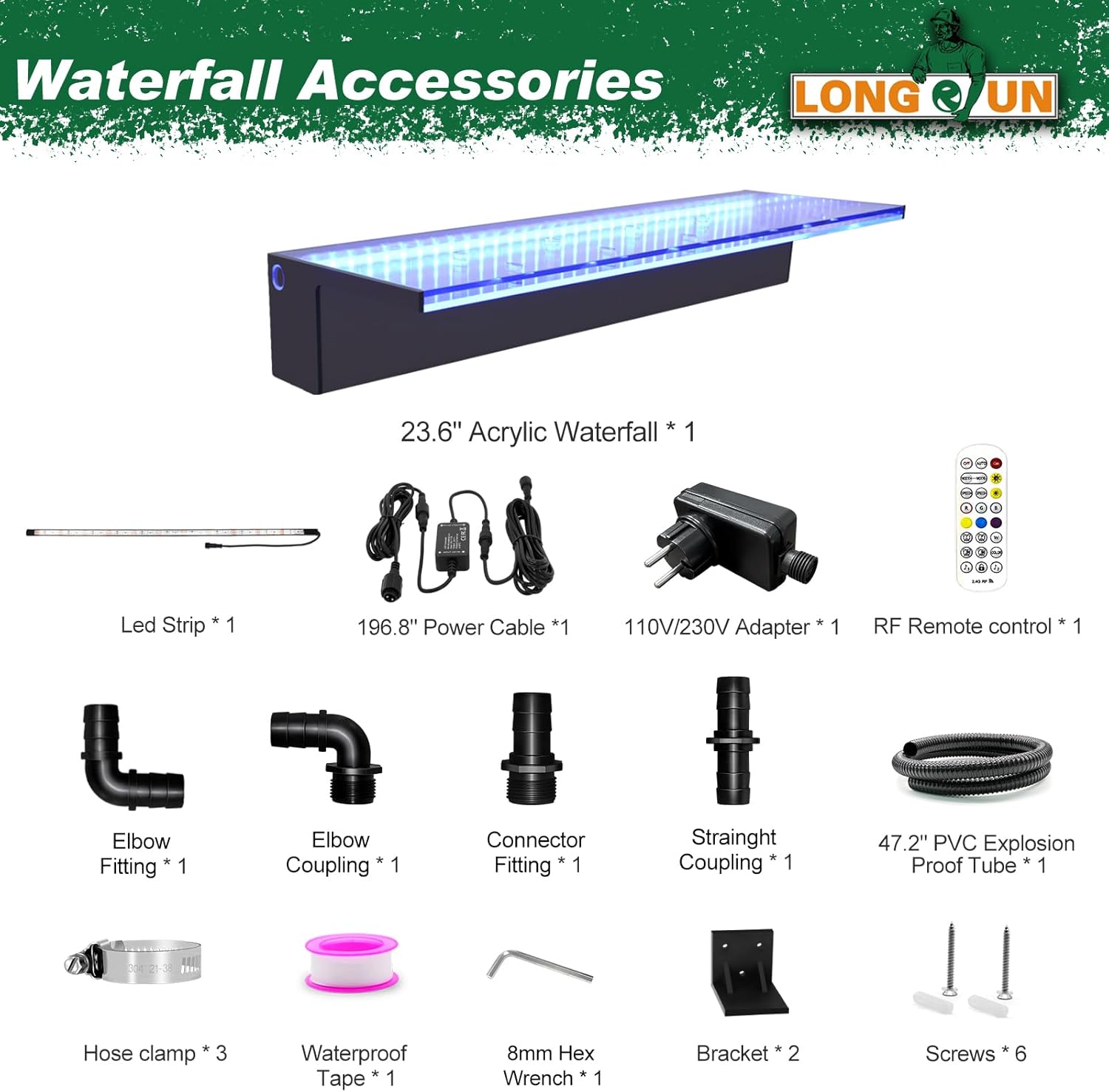 LONGRUN Wasserfall Überlauf APP Kontrolle Mehrfarbig LED-Licht Draussen Pool Brunnen, Acryl Wasser Überlauf Koi Teich Wasserfälle Brunnen Kit für Garten Terrasse Schwimmbad Dekoration -60 cm