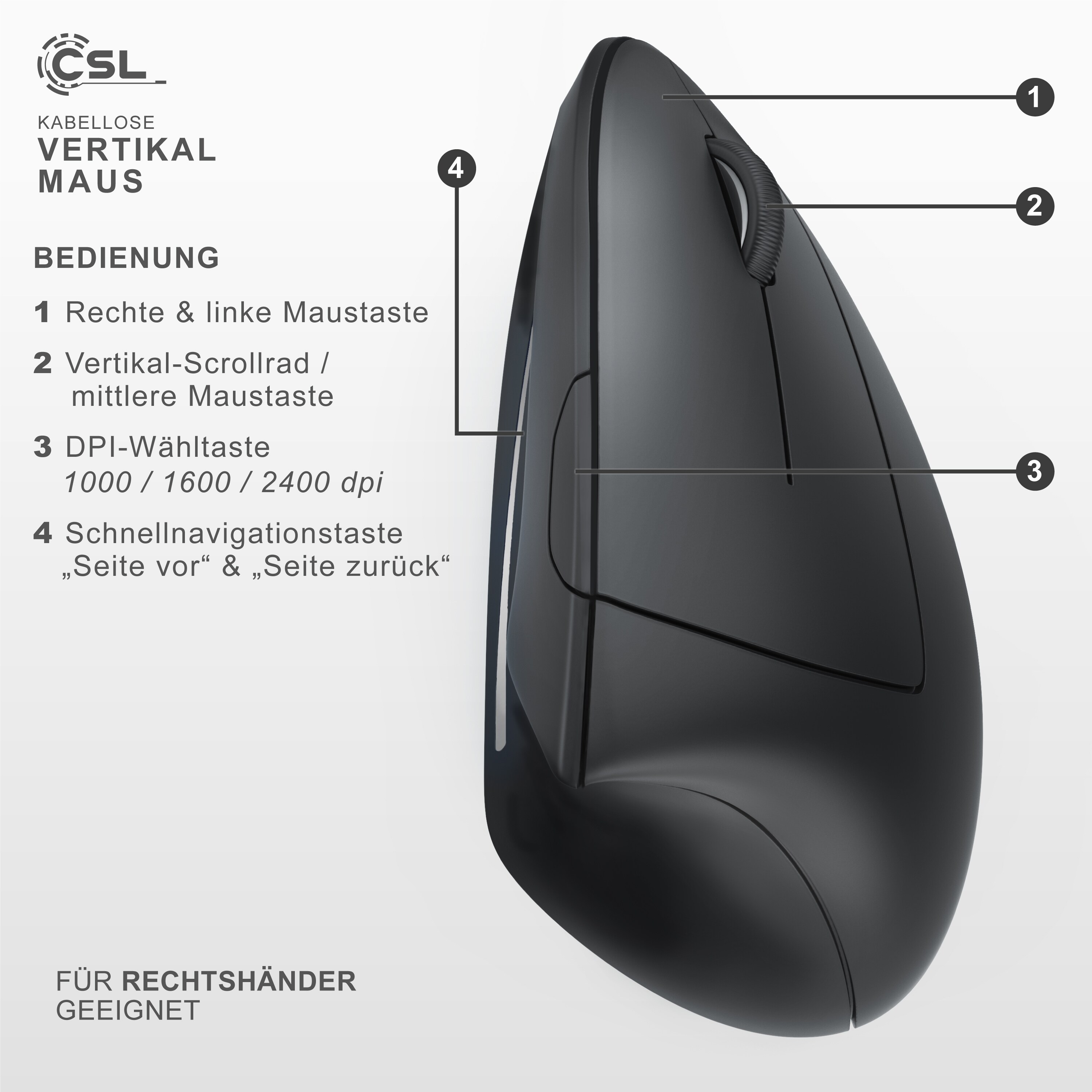 CSL Optische Wireless kabellos Funk Maus - Bluetooth + 2,4 Ghz Funk - vertikale Ausführung - ergonomisches Design - Vorbeugung gegen Mausarm Tennisarm