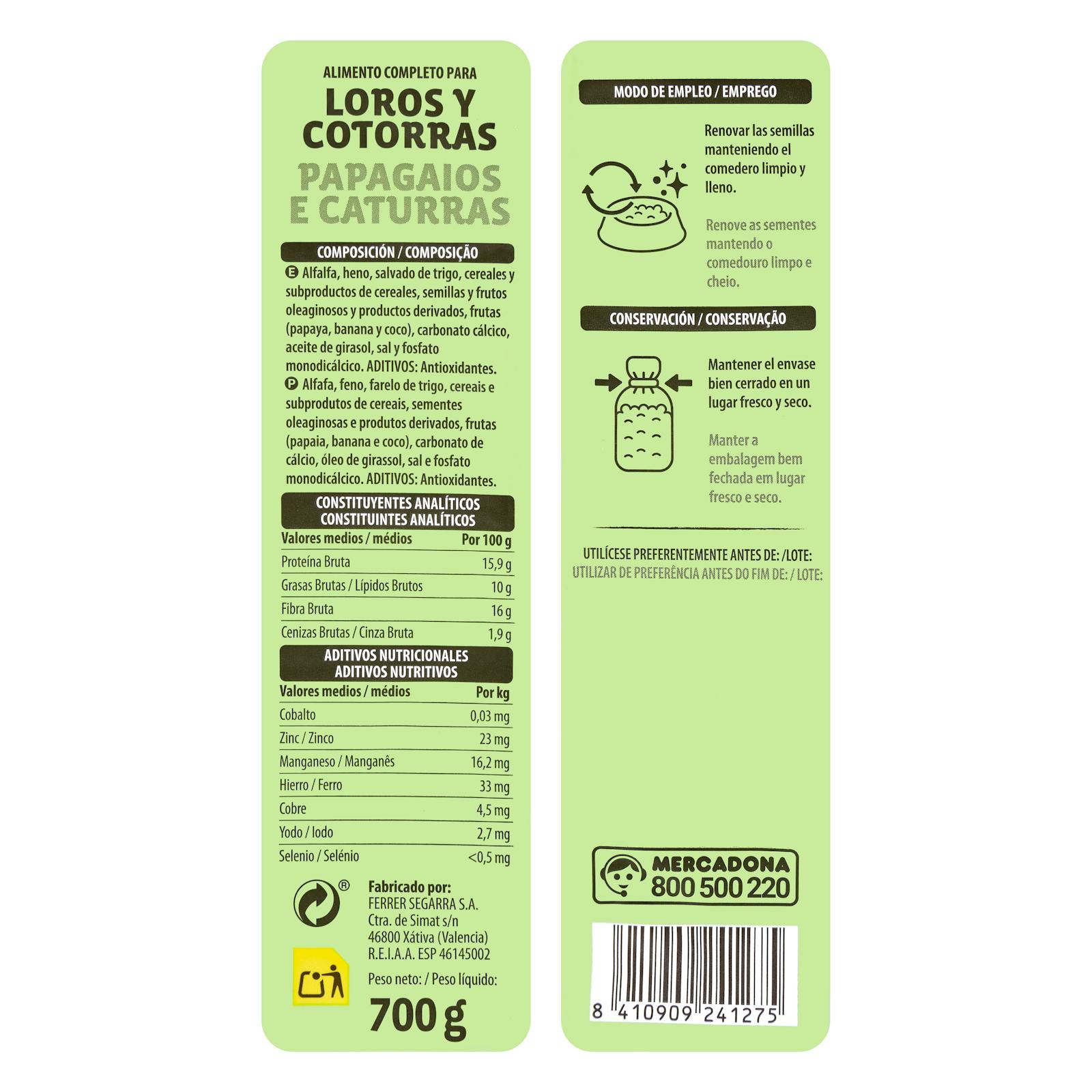Aliment complet pour perroquets et perruches Granzoo