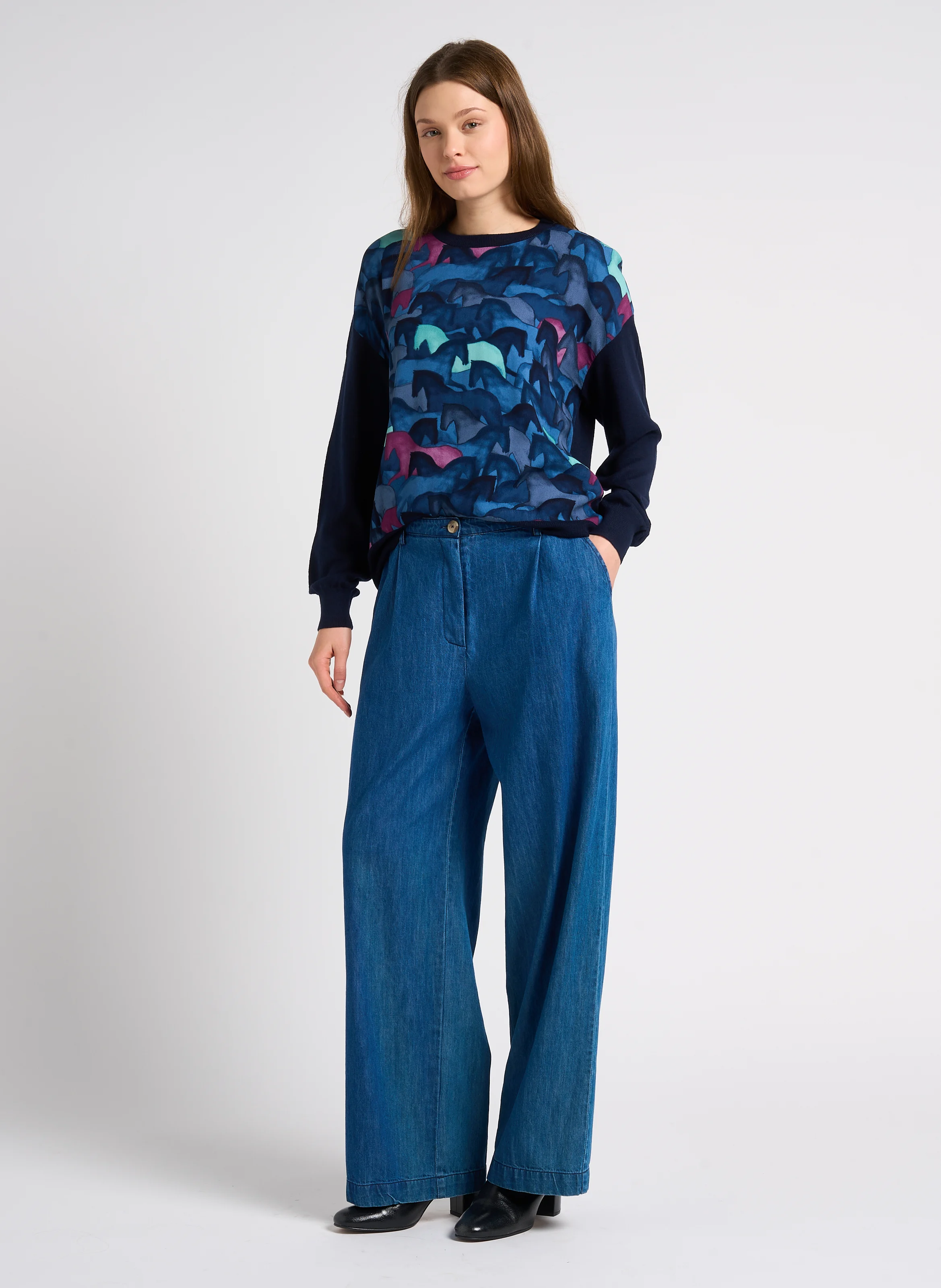 Pantalon large en coton | Bleu