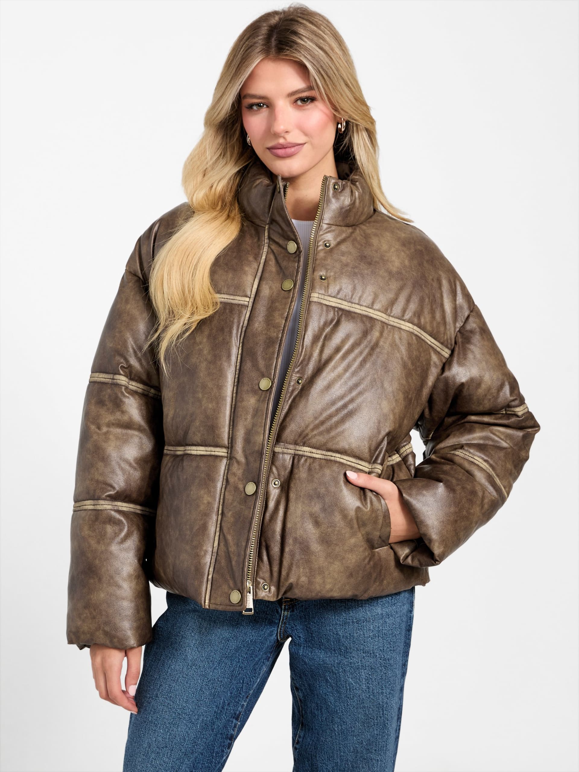 Jaqueta puffer de couro sintético lavado